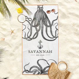 Toalla De Playa Tentáculos de mareas | Nombre personalizado del te