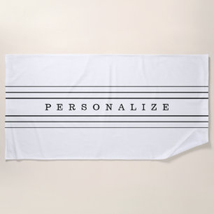 Toalla De Playa Texto Personalizado y franjas modernas Blanco y