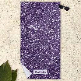 Toalla De Playa Textura de brillo morado falso con nombre personal