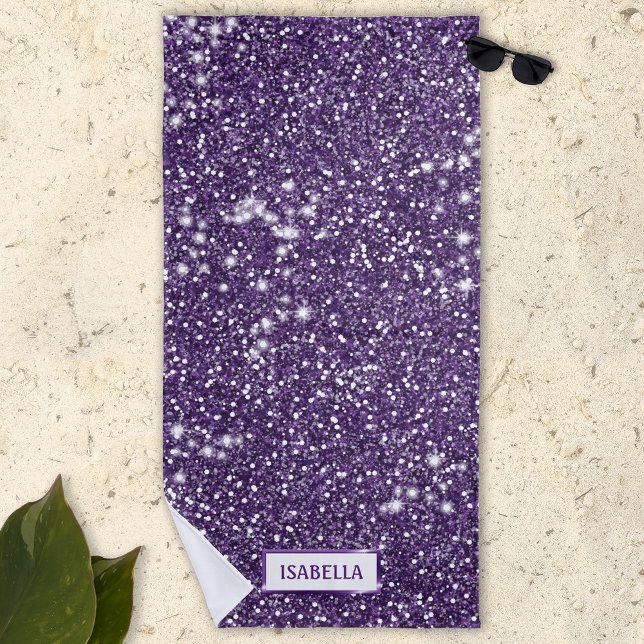 Toalla De Playa Textura de brillo morado falso con nombre personal (Subido por el creador)