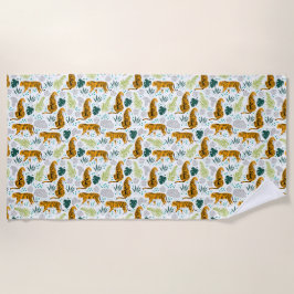 Toalla De Playa Tigres y patrón de hojas tropicales