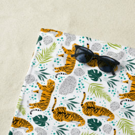 Toalla De Playa Tigres y patrón de hojas tropicales