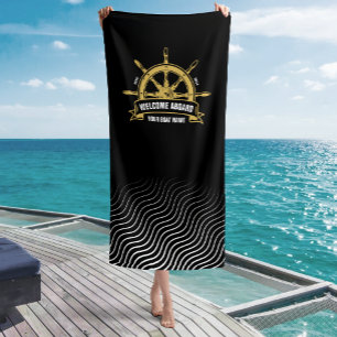 Toalla De Playa Timón Náutico de Bienvenida Personalizado Negro