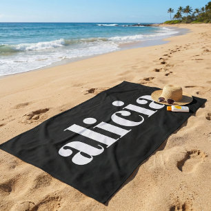 Toalla De Playa Tipografía Moderna Nombre Personalizado Negro Blan