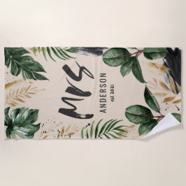 Toalla De Playa Tipografía tropical de color negro botánico 