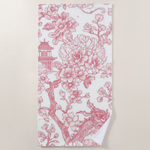 Toalla De Playa Toile de Chinoiserie Rosa Dragón Flor de Cerezo