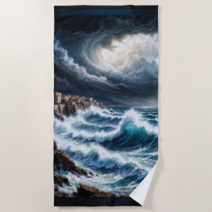 Toalla De Playa Tormenta por una costa mediterránea, arte de IA de