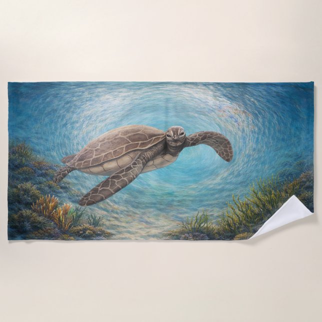 Toalla De Playa Tortuga marina pintada a mano en vórtice oceánico  (Anverso)