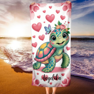 Toalla De Playa Tortuga Sonriente Corazones Lindos Mariposas Veran