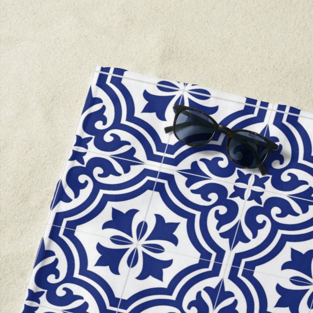 Toalla De Playa Tradicional Azulejo Español Azul y Blanco (In situ)