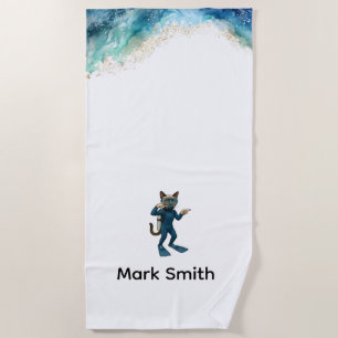 Toalla De Playa Traje de buzo azul húmedo Scuba Cat con tu nombre