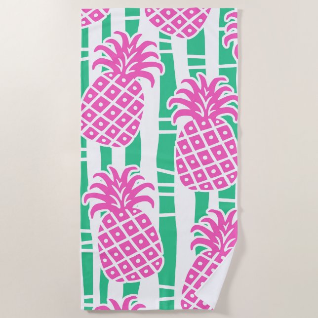 Toalla De Playa Trazos de bambú de piña Patrón rosa y verde (Anverso)