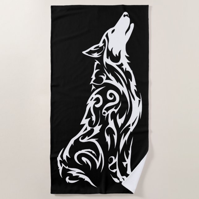 Toalla De Playa Tribal Howling Wolf Silhouette Black White (Anverso)