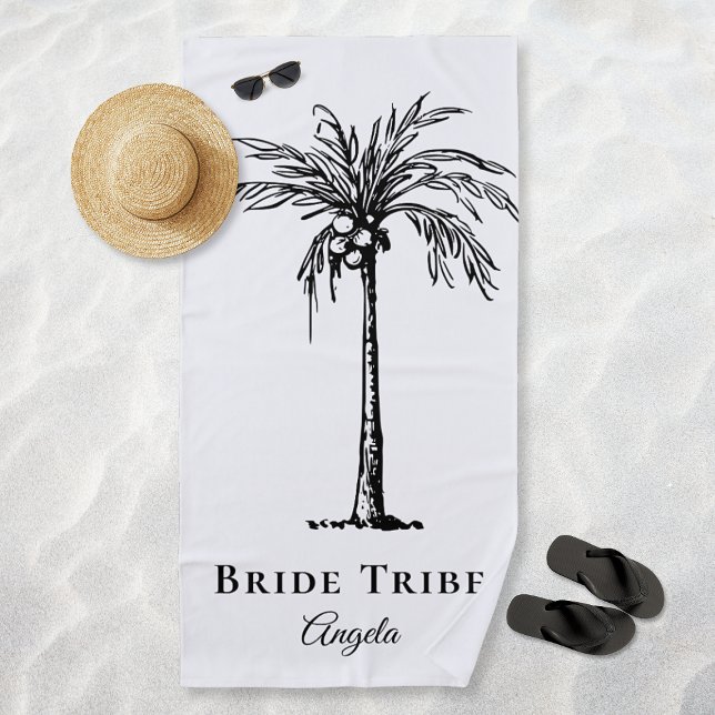 Toalla De Playa Tribu de novias Blanco Negro Tropical Personalizad (Bride Tribe White Black Tropical Palm Tree Custom Beach Towel)