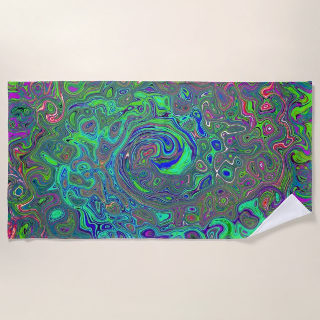 Toalla De Playa Trippy Chartreuse y Blue Retro Liquid Swirl (Anverso)