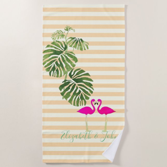 Toalla De Playa Tropical Exótico, Striped, Flamingos Personalizado (Anverso)