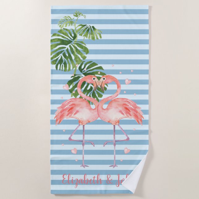 Toalla De Playa Tropical, Striped, Flamingos Enamorados (Anverso)