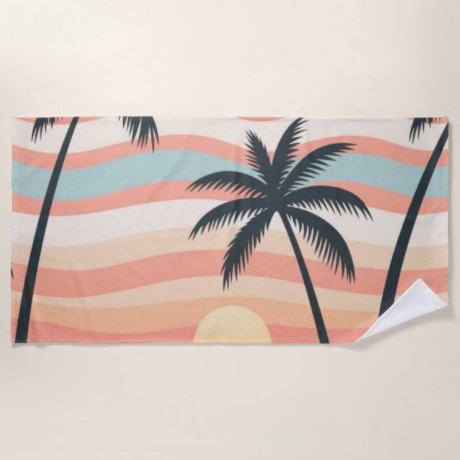 Toalla De Playa Tropical Sunset Stripes – Sunset Palms Towel (Anverso)