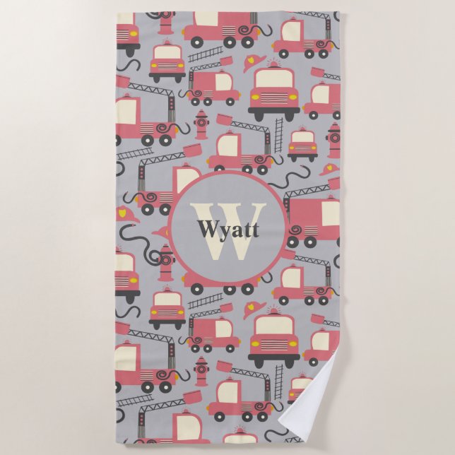 Toalla De Playa Trucos rojos Niños bomberos personalizados (Anverso)