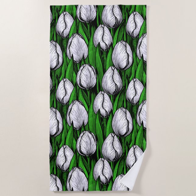 Toalla De Playa Tulipanes blancos con hojas verdes (Anverso)