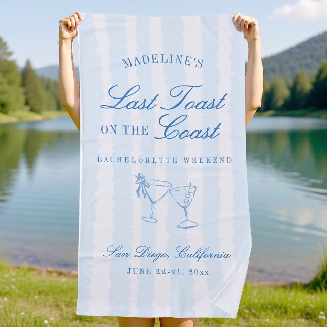 Toalla De Playa Último brindis en la costa Rayas soltera (lake bachelorette party favor personalized beach towel blue stripes hand drawn girls weekend gift)