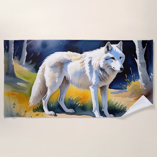 Toalla De Playa Un lobo en una pintura de la acuarela del bosque (Anverso)