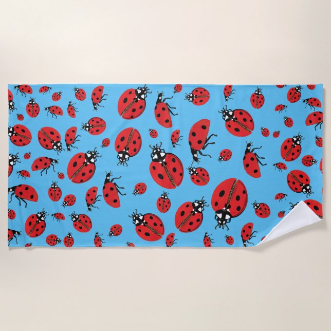 Toalla De Playa Un montón de Red Ladybugs Lucky Pattern Sky Blue (Anverso)
