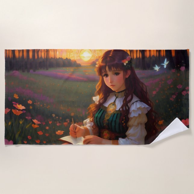 Toalla De Playa Una mujer con un estilo de anime triste al sol en  (Anverso)