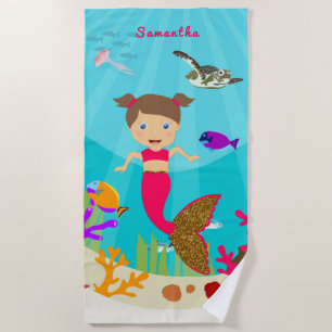 Toalla De Playa Una pequeña sirena Chica en un océano colorido