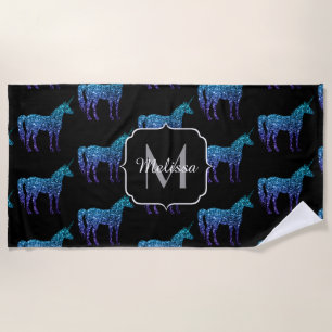 Toalla De Playa Unicorn Sparkles aqua patrón oscuro azul Monograma