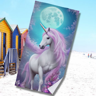 Toalla De Playa Unicornio blanco con flores moradas y luna