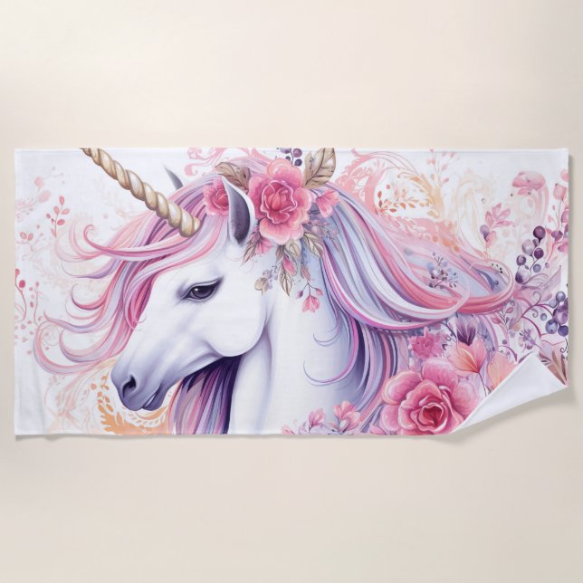 Toalla De Playa Unicornio Floral Hermoso (Anverso)