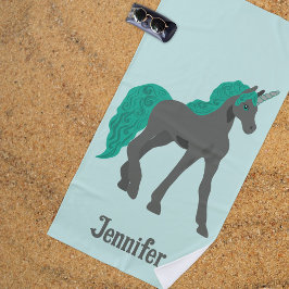 Toalla De Playa Unicornio gris y Verde azulado personalizado