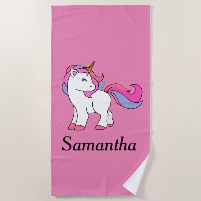 Toalla De Playa Unicornio rosa personalizado (Anverso)