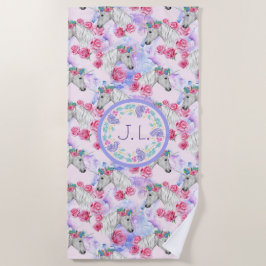 Toalla De Playa Unicornios y Rosas Monogramadas