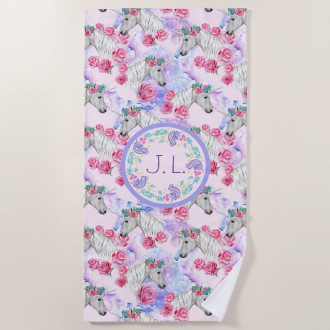 Toalla De Playa Unicornios y Rosas Monogramadas (Anverso)