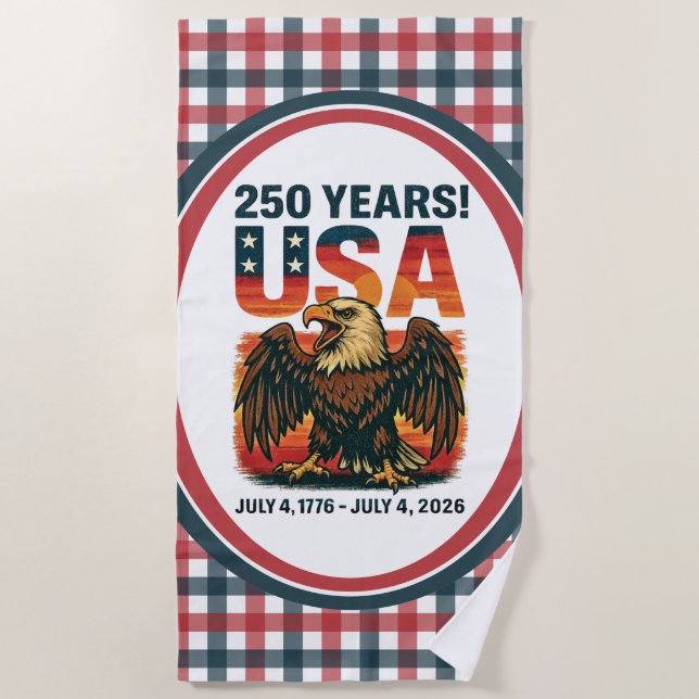 Toalla De Playa USA 250 Years – Patriotic Bald Eagle July 4th 2026 (Anverso)