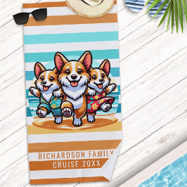 Toalla De Playa Vacaciones familiares de verano de Cute Corgi Dogs