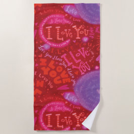 Toalla De Playa Valentine Hearts Pink Red I Love You Typography