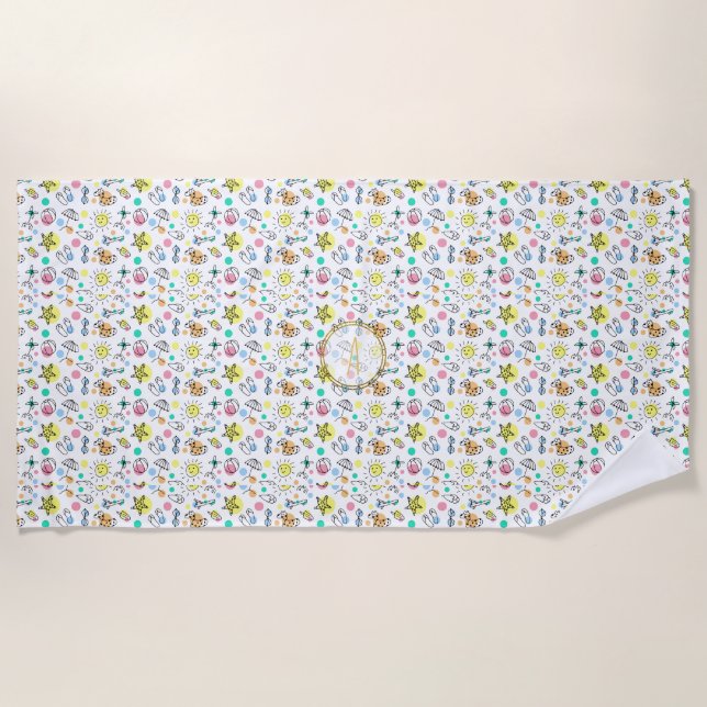 Toalla De Playa Verano Diversión Monograma Beach Holiday Doodles D (Anverso)