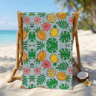 Toalla De Playa Verano Tropical Retro Azul Cítrico Limón Piña