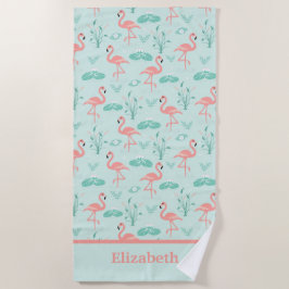 Toalla De Playa Verde rosa pájaro tropical monogramo de Flamingo
