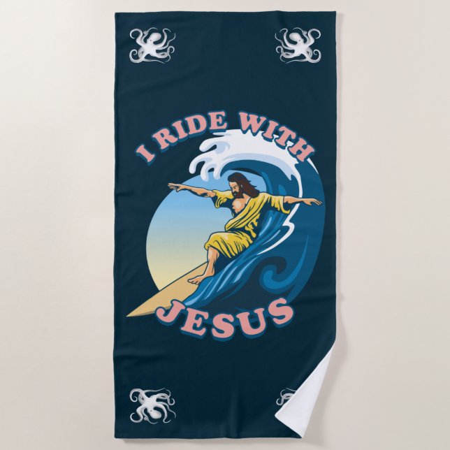 Toalla De Playa Viajar con Jesús | Surfing Jesus Ilustracion (Anverso)