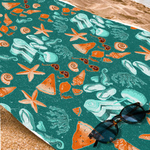 Toalla De Playa Viaje de verano retro azul verdoso con vibraciones
