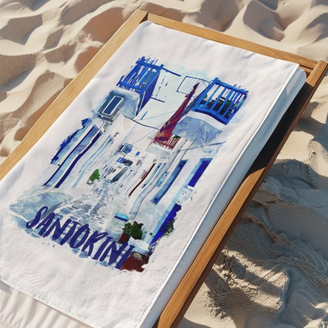 Toalla De Playa Viajes blancos y azules de Santorini (Minimalist Santorini Blue and White Travel Beach Towel)