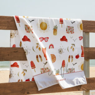 Toalla De Playa Vibes de verano   Monograma de verano del Boho Ret