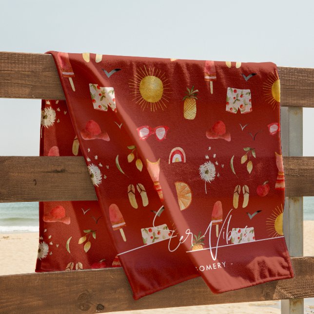 Toalla De Playa Vibes de verano | Monograma de verano del Boho Ret (Subido por el creador)