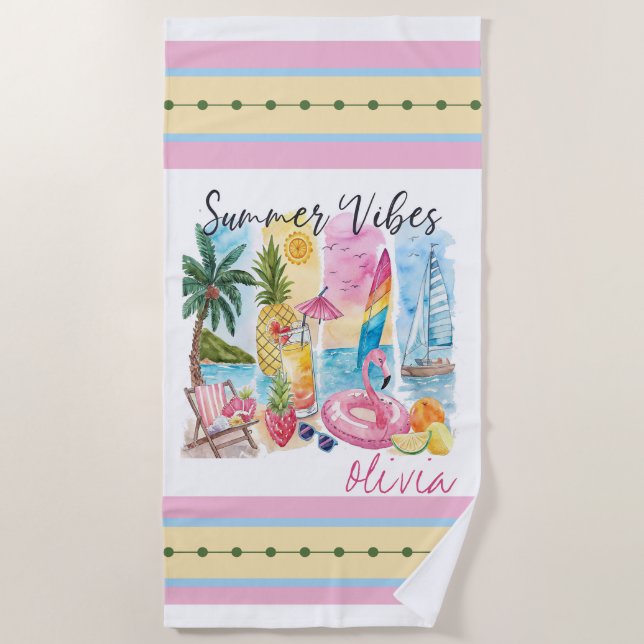 Toalla De Playa Vibes tropicales de verano - personalizadas solo p (Anverso)