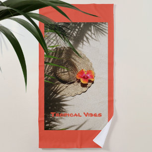 Toalla De Playa Vibes tropicales Hibiscus Sunhat en un Naranja de