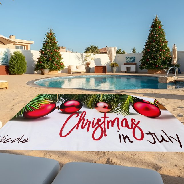 Toalla De Playa Vibrant Christmas In July Festive Palms Tropical (Tropical Christmas In July beach towel with palm leaves & red ornaments for festive summer fun!)